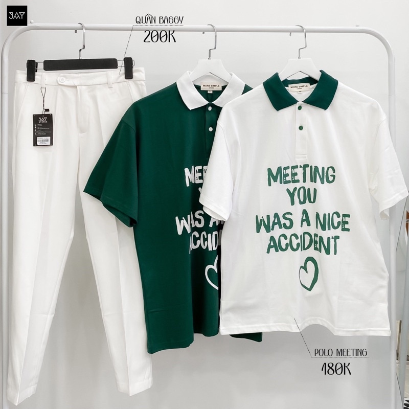 Polo Unisex MEETING màu XANH LÁ/TRẮNG form rộng ✳️ Chất thun da cá form nam nữ unisex/Áo thun có cổ Jaystoree