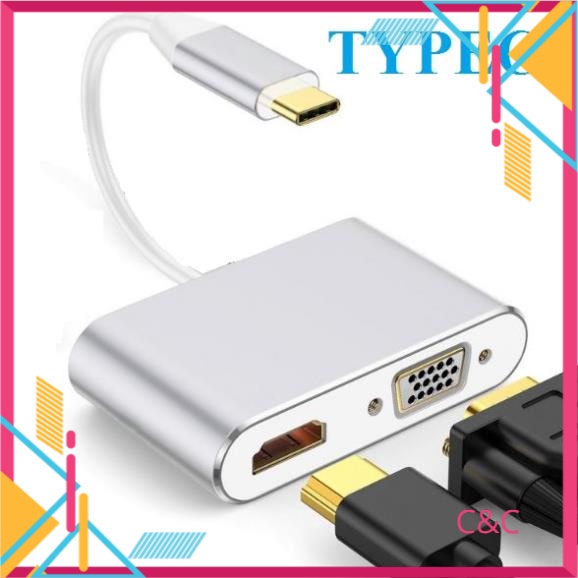 Bộ cáp chuyển đổi từ Typec sang HDMI + VGA 2K 4K cáp typec to hdmi kết nối tivi máy chiếu