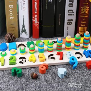 Giáo cụ Montessori đồ chơi nhận biết hình khối, số, tập đếm