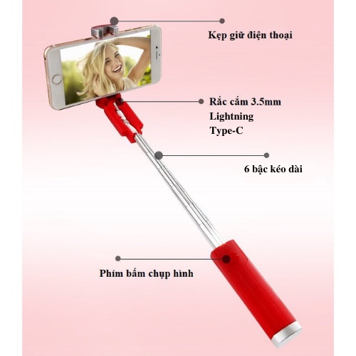 Gậy chụp ảnh tự sướng, Gậy selfie hình son môi nhỏ gọn dùng cho ĐT có cổng Audio 3.5mm, IP, chân sạc type-C.