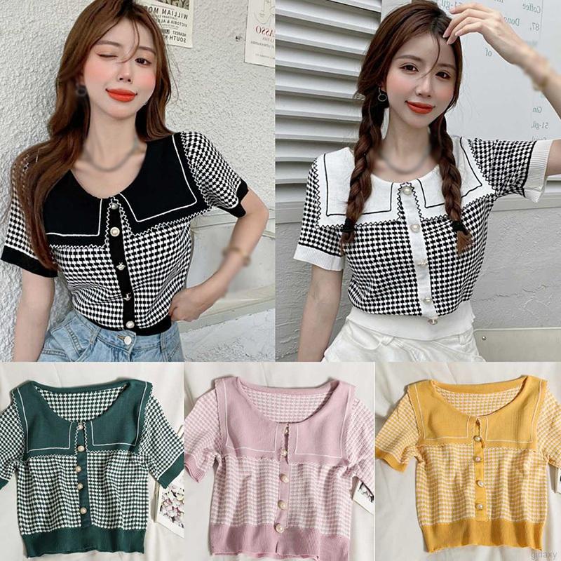 Áo Dệt Kim Tay Ngắn Cổ Thủy Thủ Kẻ Sọc Caro Trẻ Trung Thời Trang Phong Cách Hàn Quốc Cho Nữ