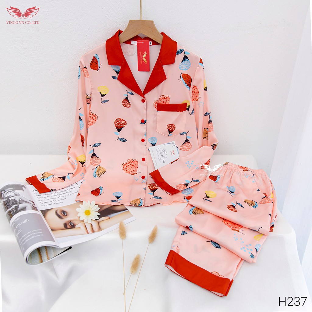 Đồ Bộ Pyjama Mặc Nhà Nữ VINGO Lụa Pháp Tay Dài Quần Dài Họa Tiết Cánh Hoa Cao Cấp Xanh Hồng Cổ Đỏ H237 VNGO