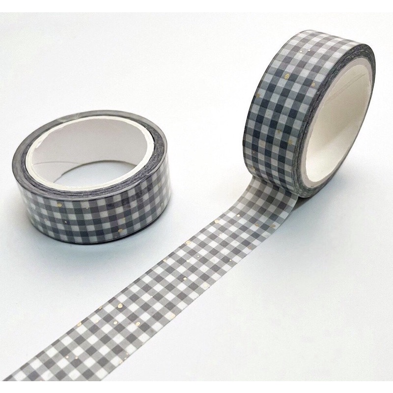 (Chiết) Băng dính washi tape hoạ tiết caro xám có mạ #5