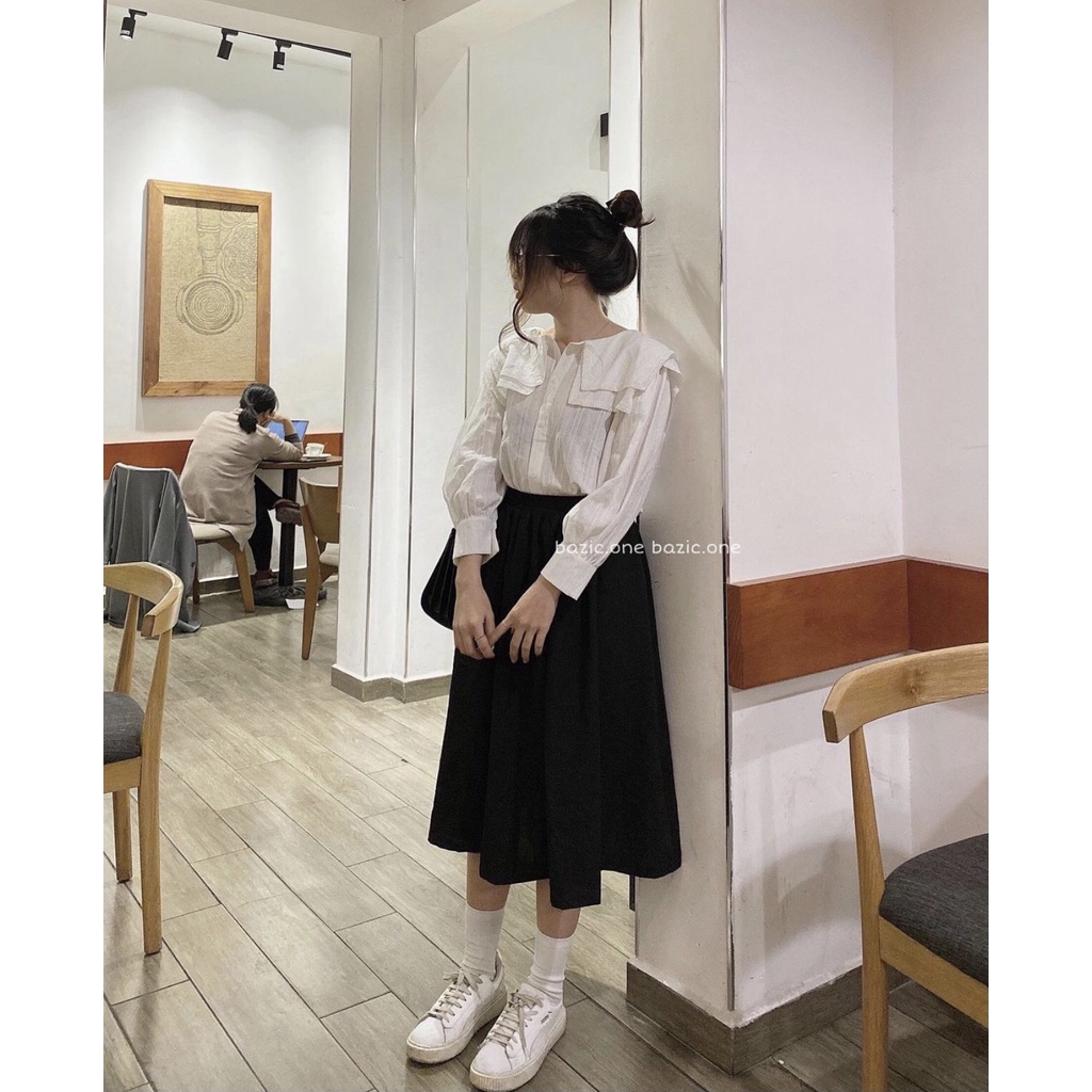 Áo sơ mi dáng babydoll cổ ren bèo 2 lớp ulzzang
