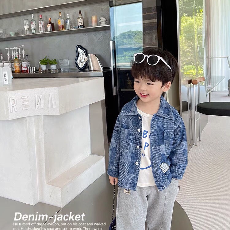 Áo khoác Denim họa tiết sọc caro phong cách Hàn quốc cho bé trai