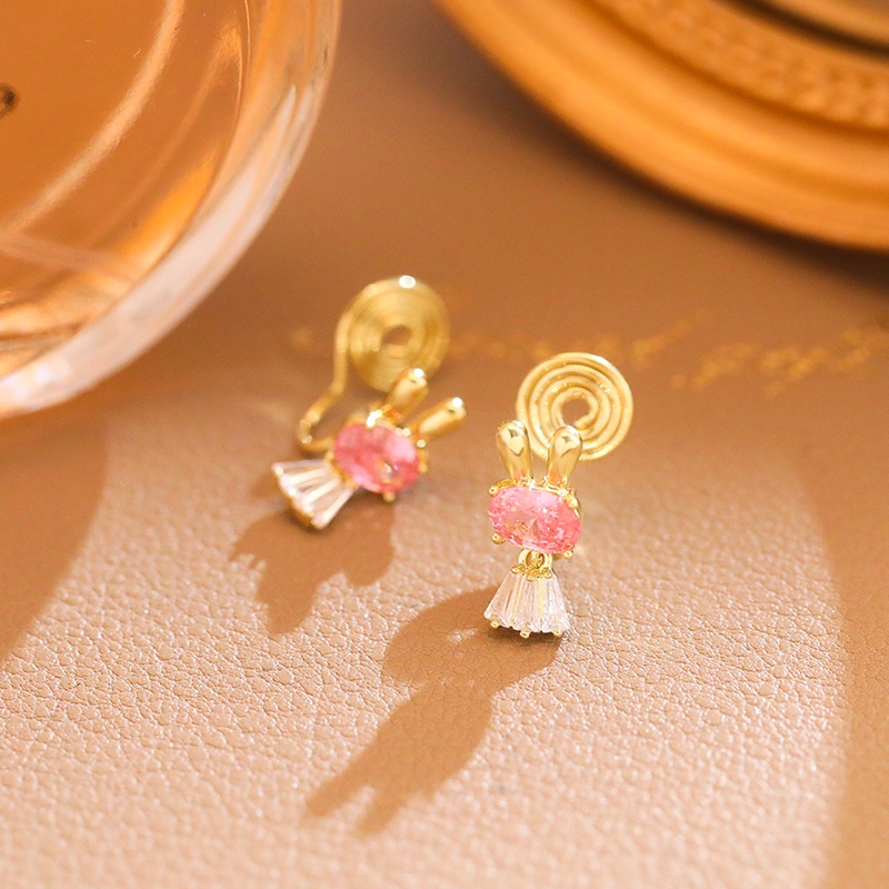Khuyên tai kẹp JIUDUOLAN bằng bạc zircon pha lê hồng hình thỏ dễ thương không cần xỏ lỗ