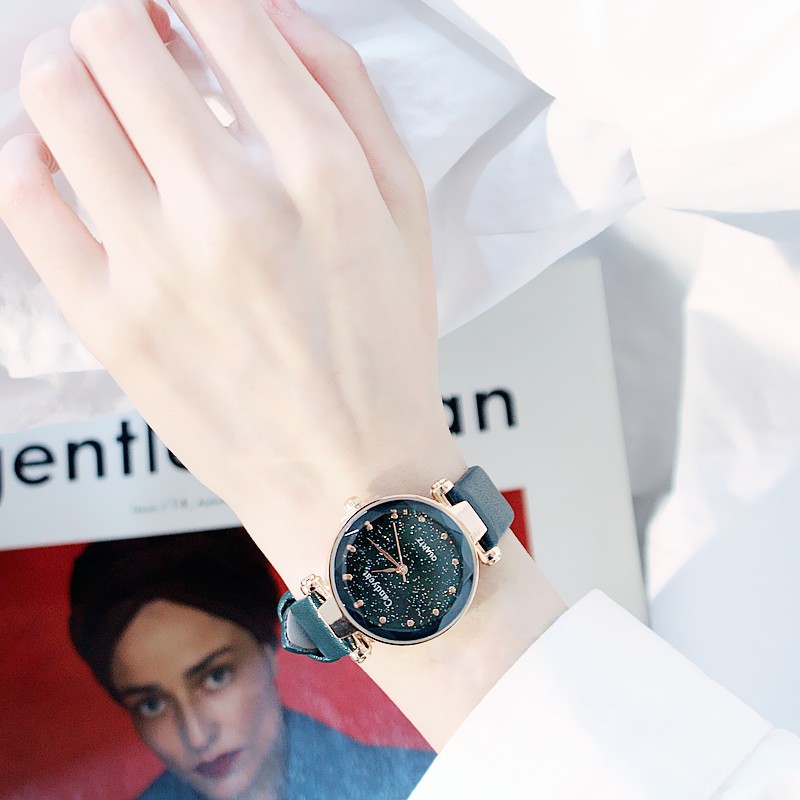 Đồng hồ nữ Candycat9 dây da cao cấp mặt tròn bầu trời đầy sao Bán lẻ giá sỉ