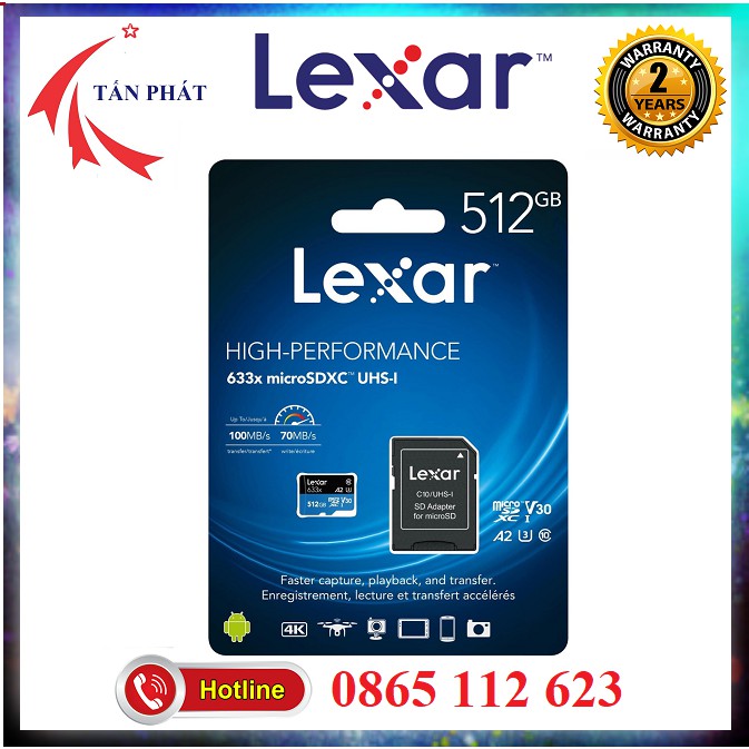  Thẻ nhớ Lexar 512G / 256G / 128G 633x MicroSDHC UHS-I Class 10 A1 U3 100MB/s + Adapter