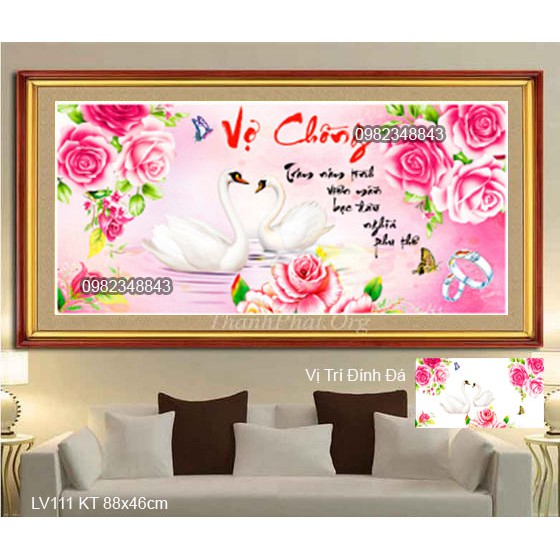 Tranh đính đá vợ chồng KT:88x45cm. Tranh gắn đá tự làm.