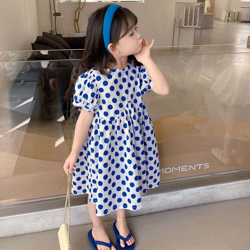 Đầm Công Chúa Mùa Hè Bằng Cotton Nguyên Chất Tay Phồng Họa Tiết Chấm Bi Phong Cách Hàn Nhật 2022 Mới Cho Bé Gái