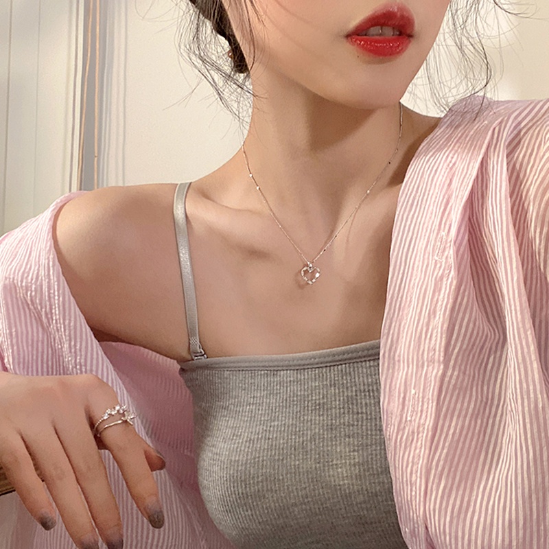 Vòng cổ Mạ Bạc 925 Mặt Hình Trái Tim Đính Đá Pha Lê Thời Trang Cho Nữ
