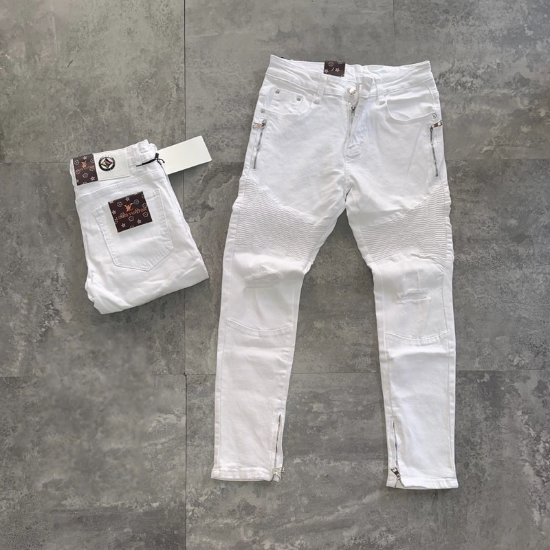 Quần bò trắng Nam vải nhăn rách gối phối khoá zip dọc đùi ống QJ66P