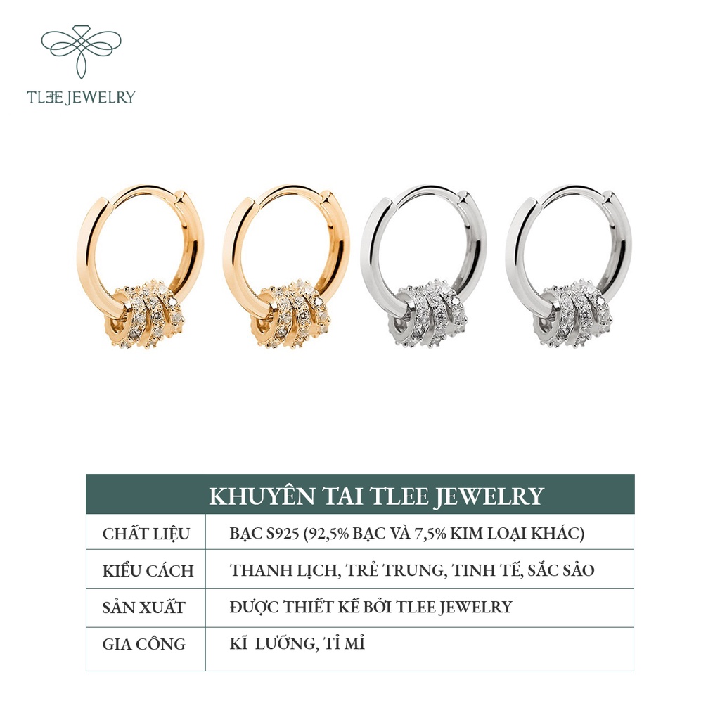 Khuyên tai bạc nữ TLEE tròn trơn mix ba vòng tròn nạm đá NCJ B0113