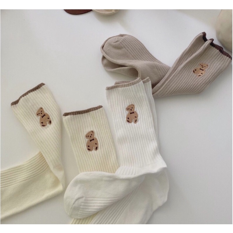 Set 5 đôi Tất cổ cao basic Gấu nâu phong cách Hàn Quốc