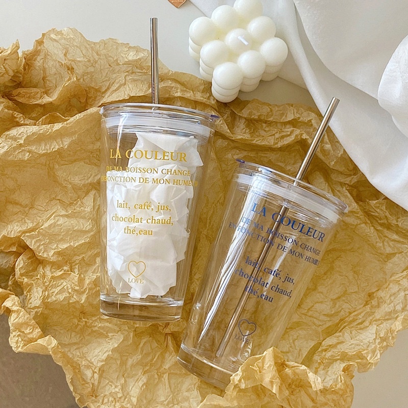 Ly thủy tinh có nắp LA COULEUR tặng ống hút 500ml phong cách Hàn Quốc