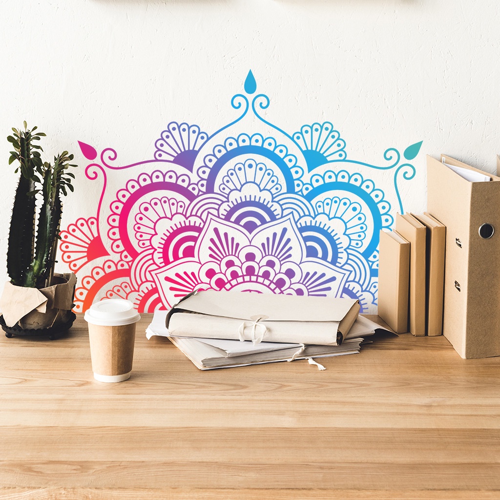 Miếng Dán Tường Bằng PVC Họa Tiết Hoa Mandala Màu Cầu Vồng Dùng Trang Trí Phòng Ngủ/ Phòng Khách