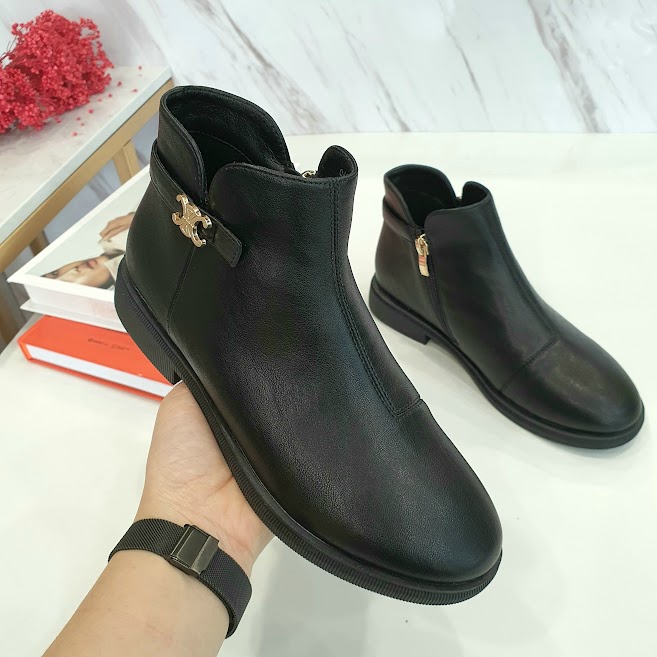 Giày boot nữ da mềm 2021 B SHOES, boot thấp cổ lót nỉ khóa kéo, mũi tròn, đế bệt, kiểu dáng hiện đại trẻ trung B26