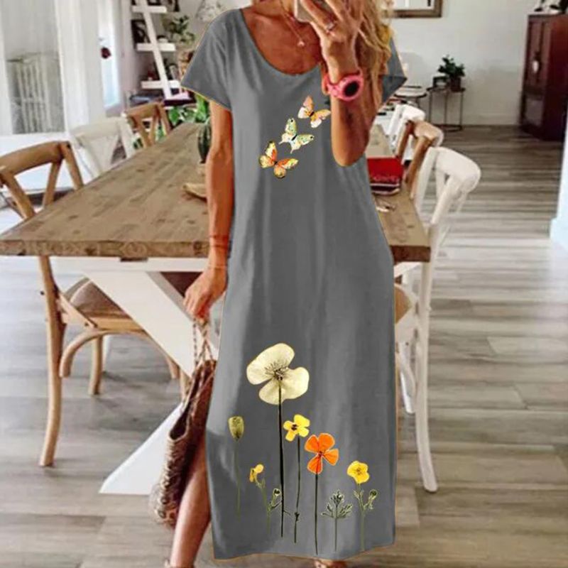 Đầm Maxi Tay Ngắn Dáng Rộng Họa Tiết Hoa Và Bướm Phong Cách Boho Thời Trang Cho Nữ