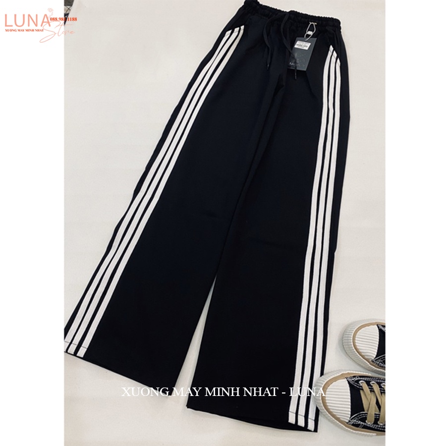 Quần thể thao 3 sọc nữ ống rộng viền kẻ sọc trắng có dây rút kéo - Quần thể thao ống suông dài nữ vải mềm đi học thể dục