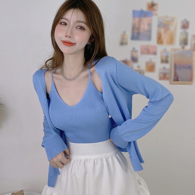 Set Áo Cardigan Dệt Kim Tay Dài + Áo Hai Dây Màu Sắc Đơn Giản Phong Cách Hàn Quốc Cho Nữ