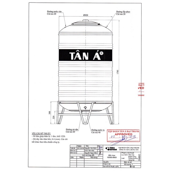 BỒN NƯỚC; TÉC NƯỚC TÂN Á 1000L đứng