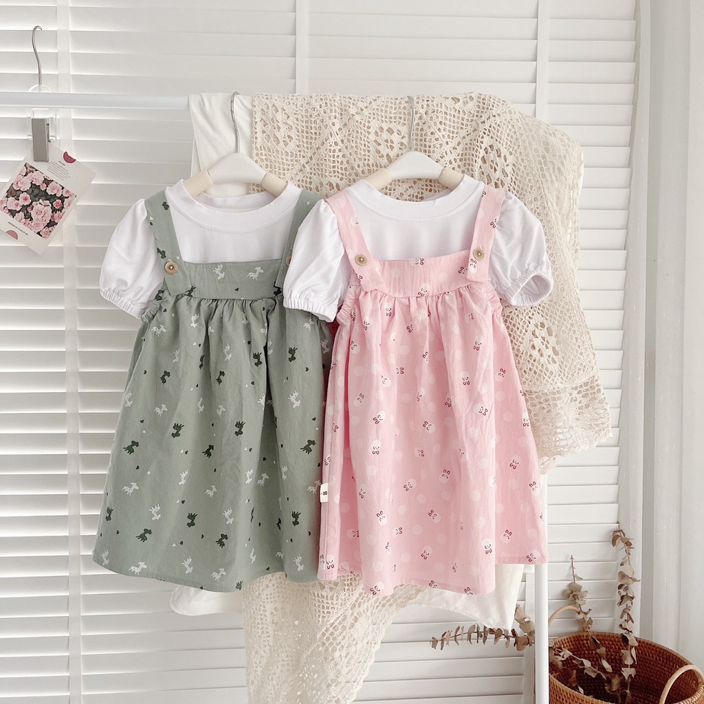 Jee kids - Set áo thun trắng phối đầm yếm thô hoa xinh xắn cho bé gái (ảnh thật)