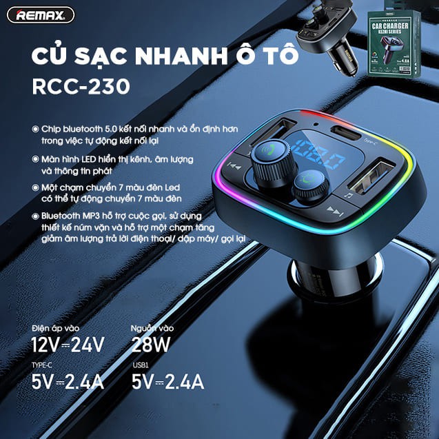 Củ sạc ô tô 2.4A Remax RCC-230, Kết nối Bluetooth điều khiển cuộc gọi, Hỗ trợ sạc USB + Type C 2 - Bảo hành 6 tháng