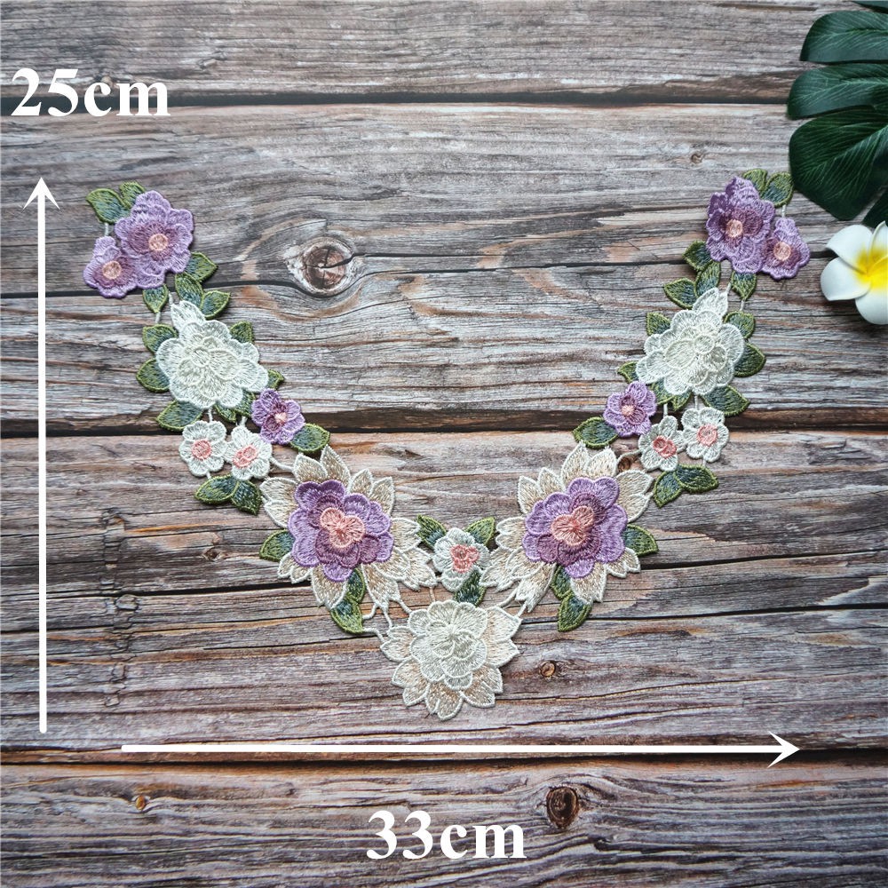 Tím Thêu Hoa Hồng Hoa Ren Đính May Cổ Cổ Miếng Dán Áo Cưới Cô Dâu DIY Thủ Công