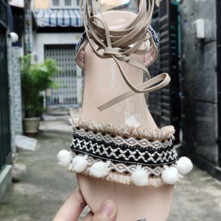 Giày sandal thổ cẩm cột dây màu da (hình thật)