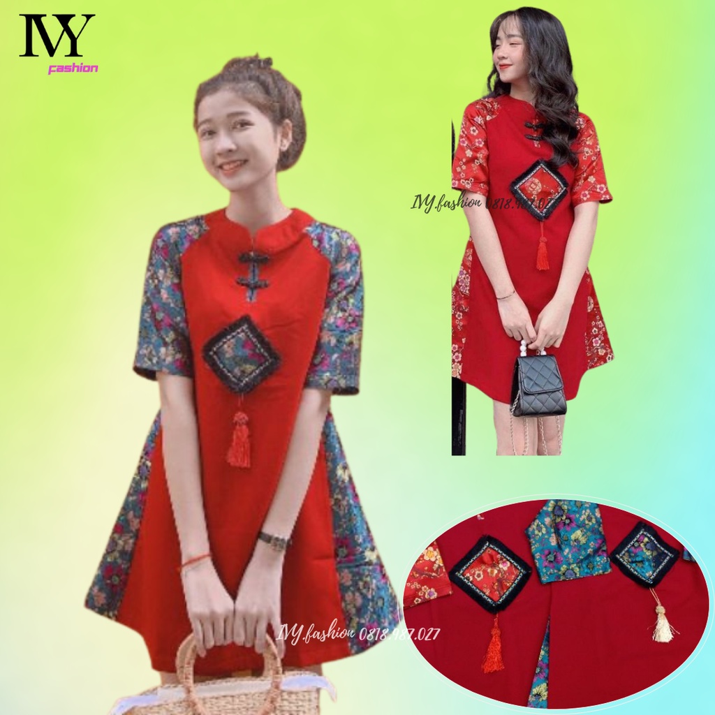 🔥40-70KG🔥 Áo dài cách tân 🔥gấm hoa cao cấp🔥 đầm đỏ sườn xám xoè tay ngắn cổ tàu đi biển dự tiệc dạo phố bigsize gợi cả