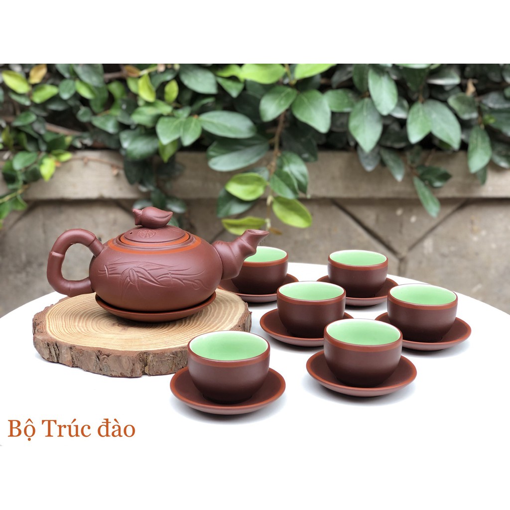 Bộ ấm chén tử sa, ấm trà gốm sứ Bát Tràng bộ Lan Hoa nâu - đen (1 ấm 6 chén 7 đĩa)