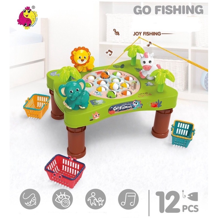 Bộ đồ chơi câu cá cao cấp cho bé -fishing toys-có nhạc-rừng xanh chạy pin-giỏ đựng cá