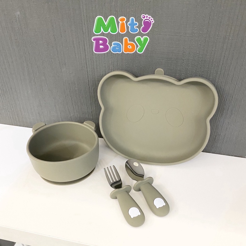 Bát đĩa ăn dặm cho bé, đĩa ăn dặm gấu hít sàn bar- rot