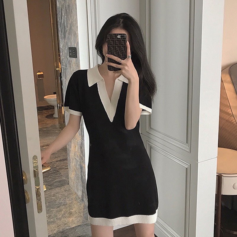 Đầm Dệt Kim Tay Ngắn Cổ Chữ V Phong Cách Vintage | BigBuy360 - bigbuy360.vn
