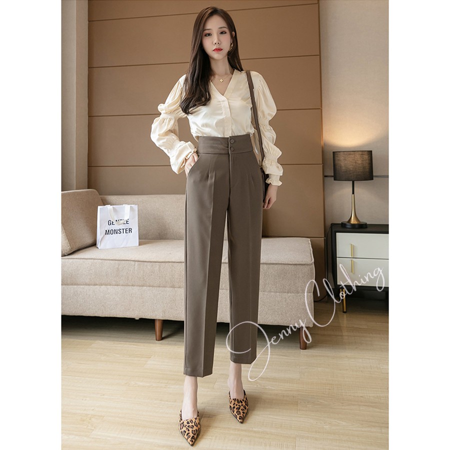 Quần baggy nữ cạp cao bản to phối 2 cúc lưng thun chun co dãn màu Đen Xám Nâu vải tuyết mưa mặc đi làm công sở học sinh
