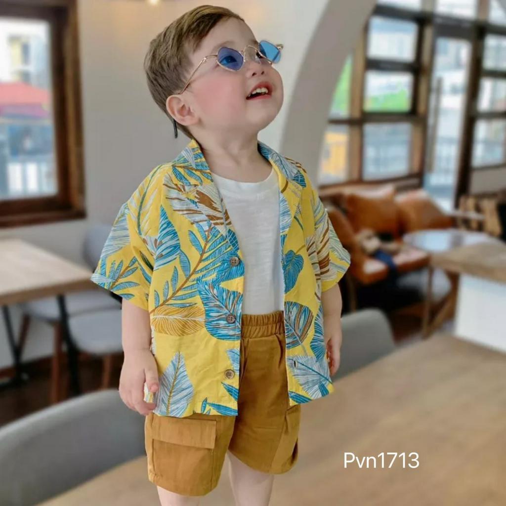 Quần áo bé trai, set bộ áo đũi lá phối short kaki 2 da xịn xò cho bé 8-26kg