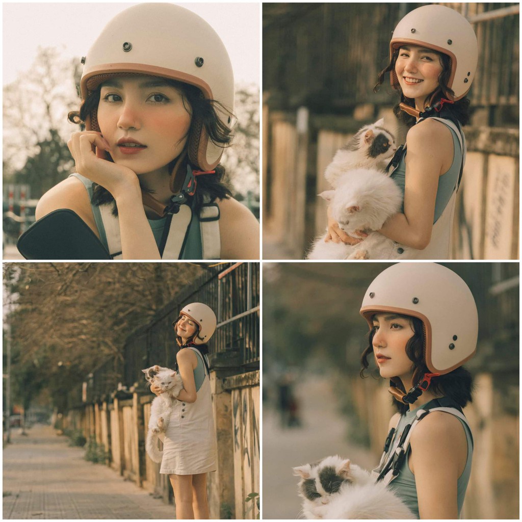 Mũ bảo hiểm 3/4 SRT màu kem sữa - lót nâu - thoáng khí - kháng khuẩn - kèm lưỡi trai