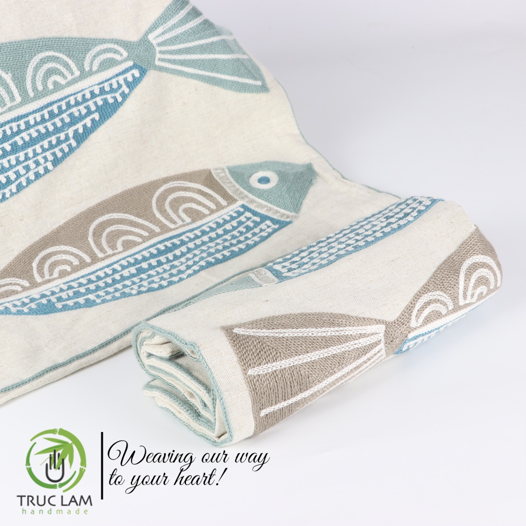 Gối/Vỏ Gối Vuông Tựa Lưng Sofa(45x45) Trang Trí Phòng Vải Linen Thêu Thủ Công Hình Con Cá Và Sao Biển- Trúc Lâm Handmade