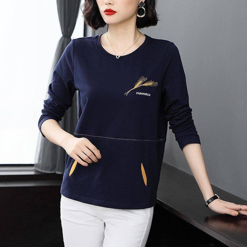 Áo thun tay dài cổ tròn dáng rộng cỡ lớn thời trang cho phụ nữ trung niên