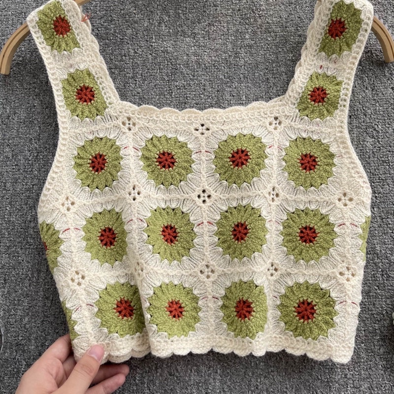 Áo 2 dây nữ len móc hoạ tiết hoa cúc croptop hàng QC