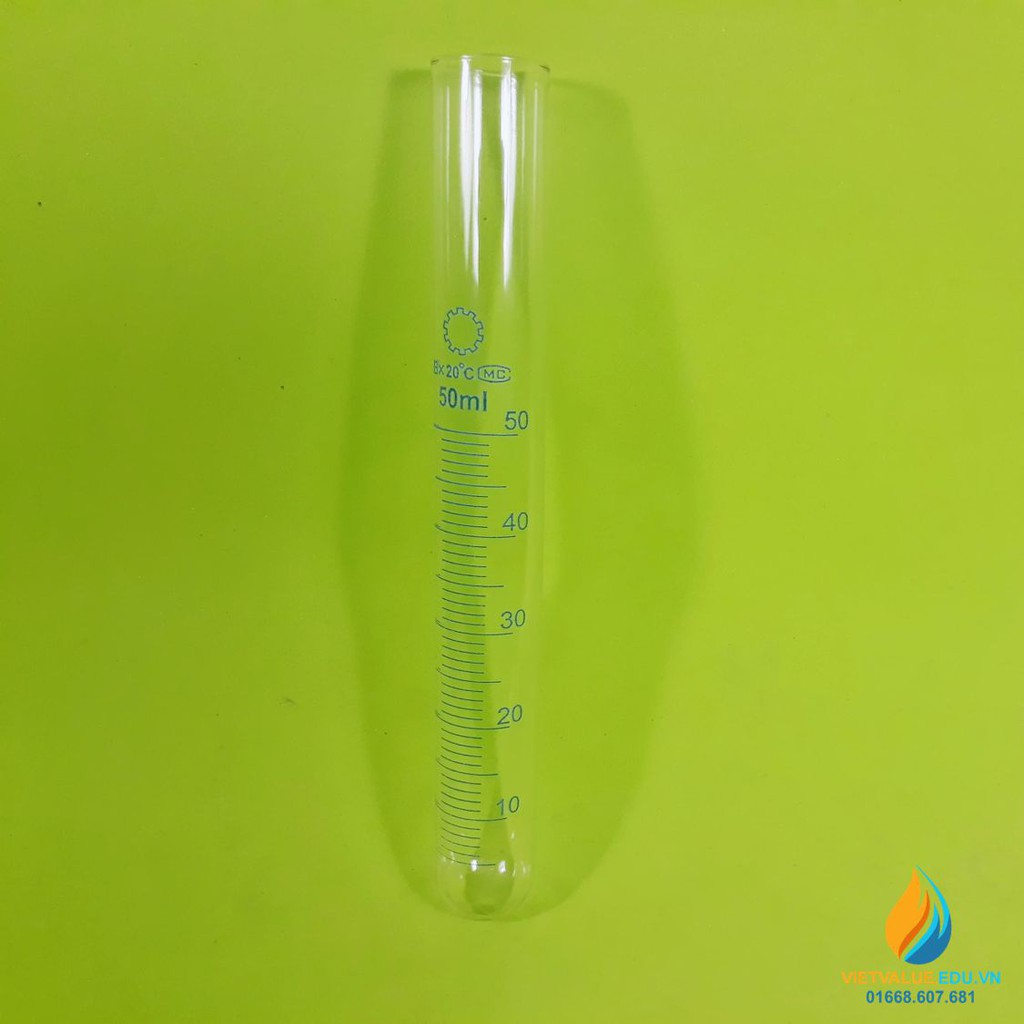 Ống nghiệm có vạch chia, không có chân đế, đáy tròn, thủy tinh trong suốt, dung tích 5ml, 10ml, 20ml, 25ml, 50ml.