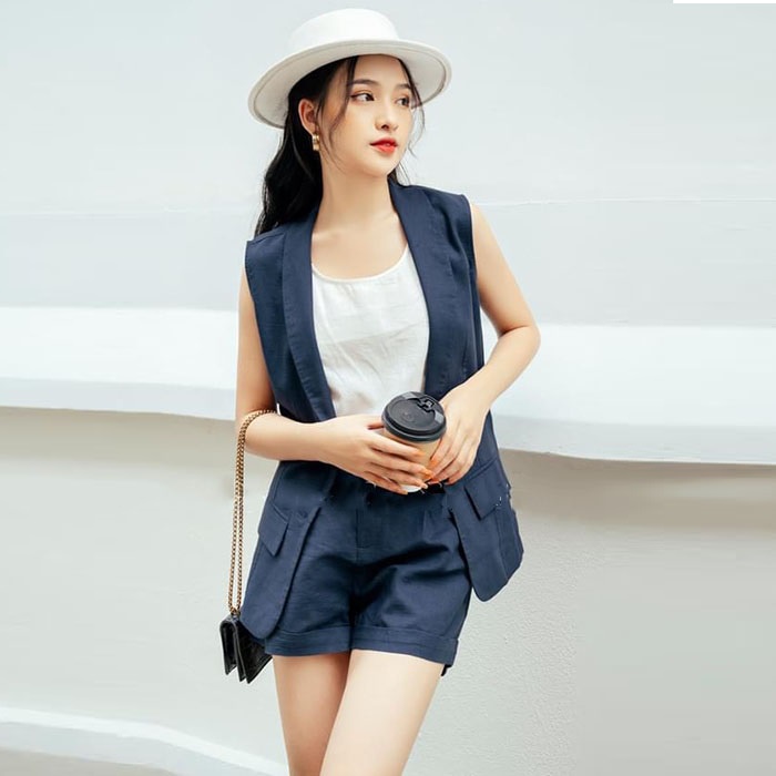 Set bộ linen áo vest ghile ve tròn kèm quần cộc trẻ trung - Xanh than