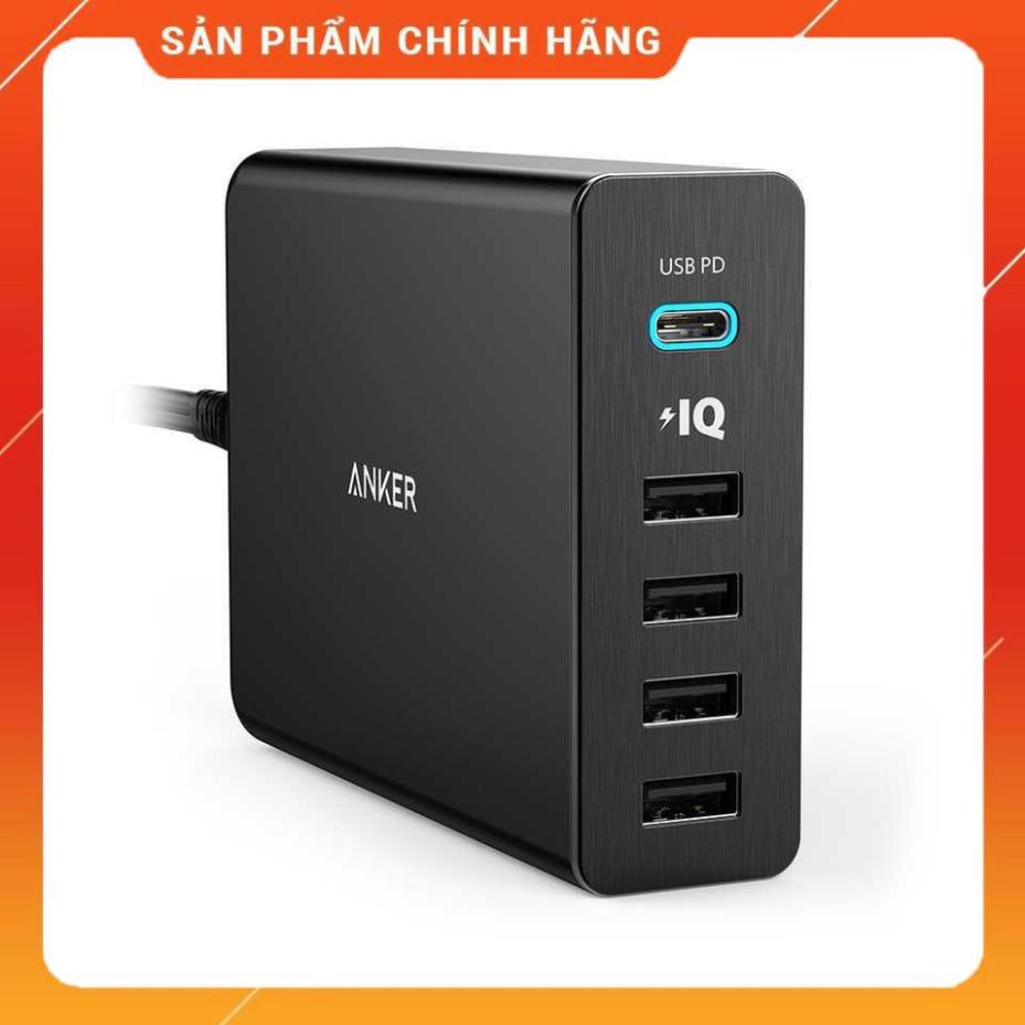 Cóc củ sạc nhanh 60W 4 cổng IQ USB & 1 cổng PD Type-C chính hãng Anker PowerPort +5 (Max 3A / Type-C và 2.4A / USB)