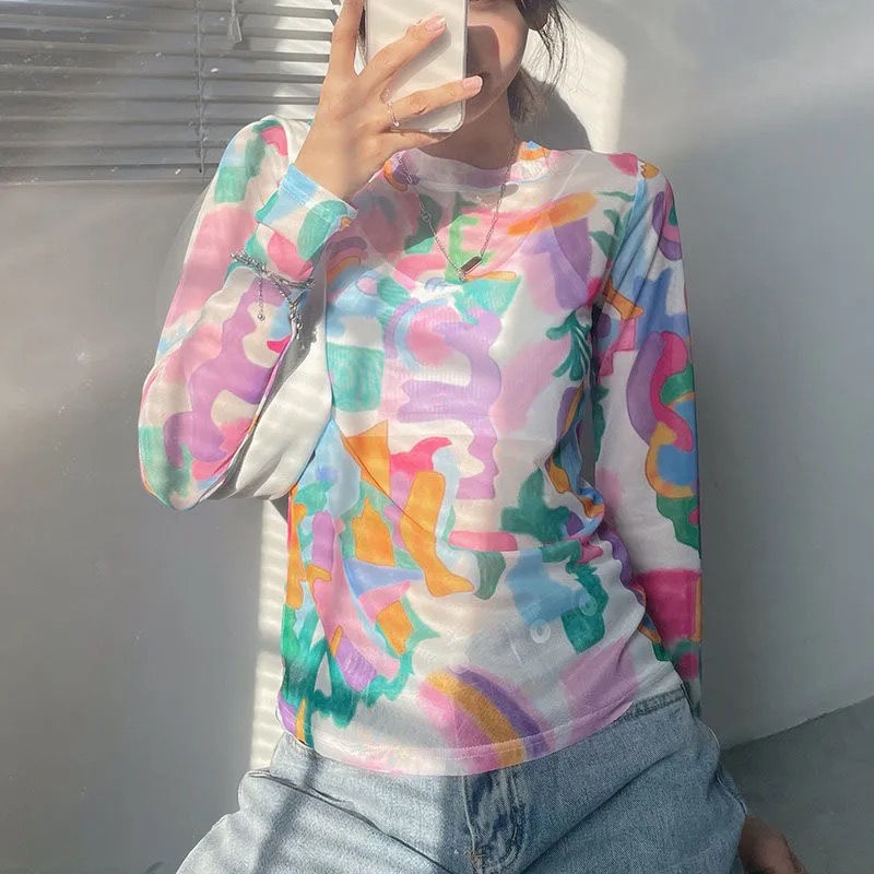 Áo Thun Tay Dài Phối Lưới Nhuộm Màu Phong Cách Phương Tây Thời Trang Mùa Hè Mới Cho Nữ 2021 | BigBuy360 - bigbuy360.vn