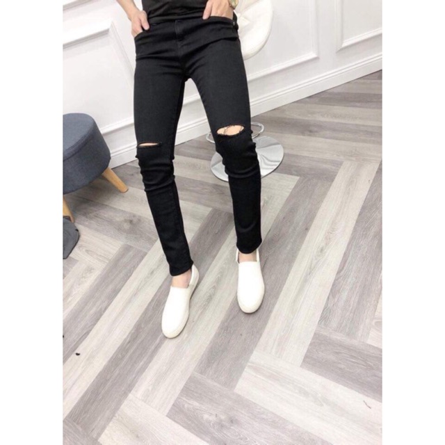 Quần jean đen skinny rách gối