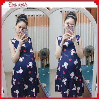 Váy lanh bầu sát nách, dáng suông, mặc nhà mùa hè cho bà bầu - 𝐕b02