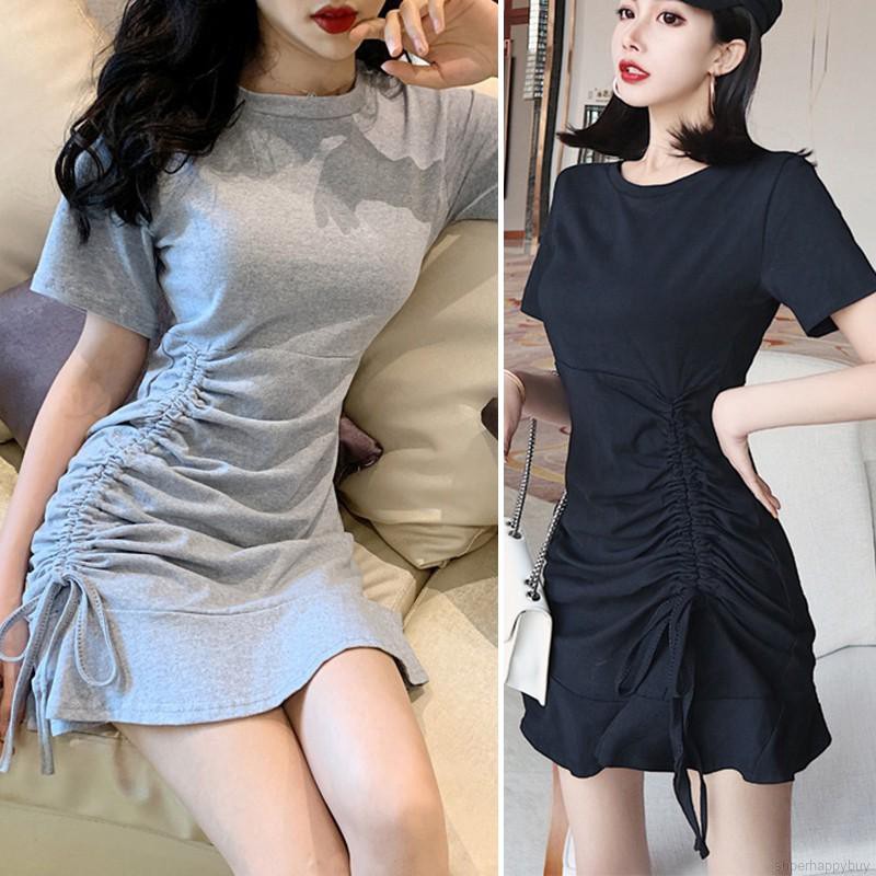 Đầm tay ngắn dây rút màu trơn thiết kế thanh lịch