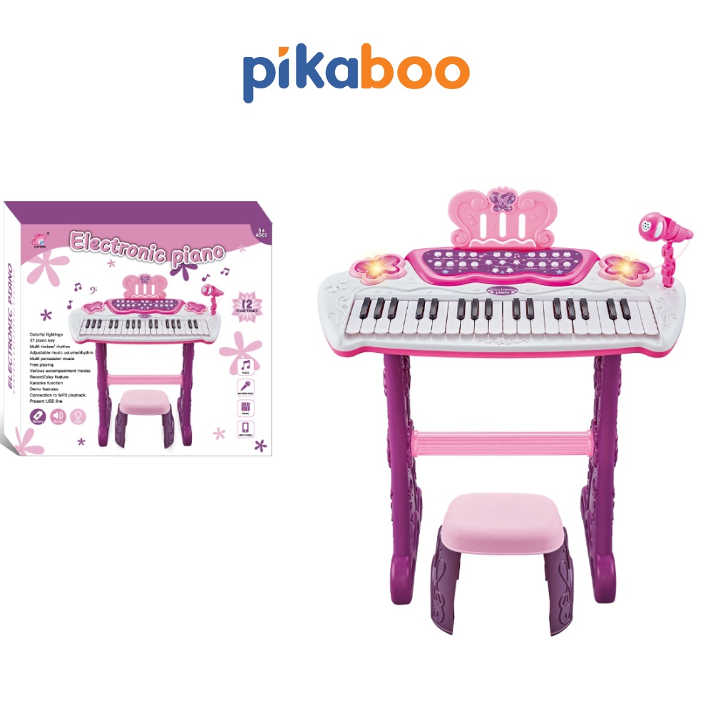 Đồ chơi đàn Piano điện tử màu hồng cao cấp cho bé Pikaboo cỡ to đại chân cao họa tiết cánh bướm có ghế ngồi và micro