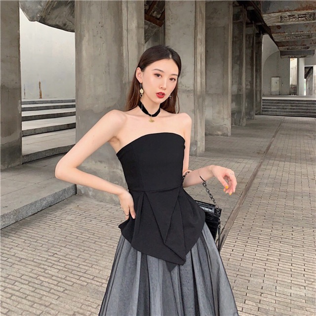 Set áo cúp kiểu dáng peplum phối chân váy lưới xoè (có ảnh thật)