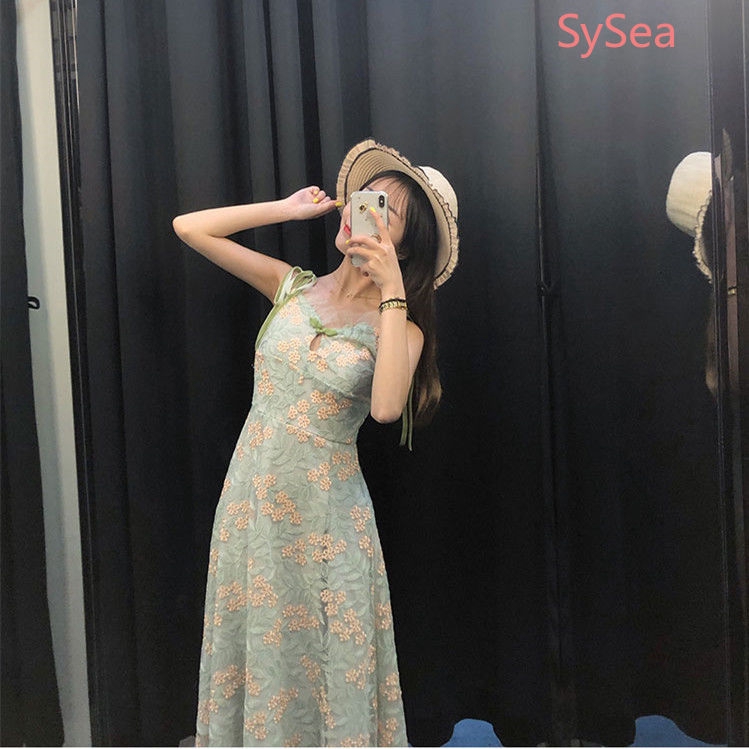 Đầm Dáng Dài Eo Cao Màu Xanh Matcha Phong Cách Retro Nữ Tính